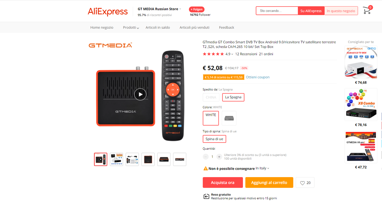 GTmedia GT Combo Smart DVB TV Box Android 9.0_ricevitore TV satellitare terrestre T2 ,S2X, scheda CA