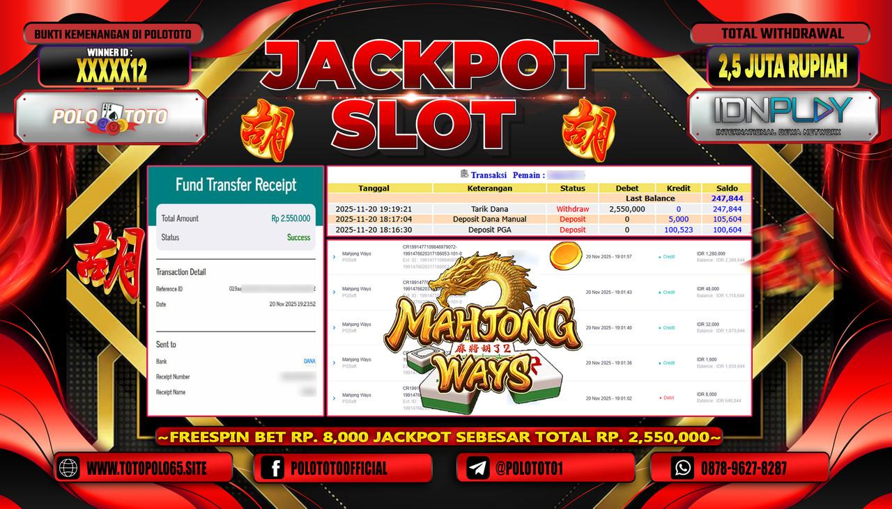POLOTOTO JACKPOT SLOT MAHJONG WAYS Rp.2.550.000,- LUNAS