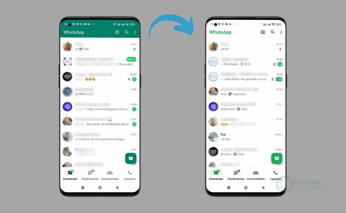 Comparativo da interface principal do WhatsApp, onde a barra verde passou a ser branca. Imagem: Panorama tecnológico.