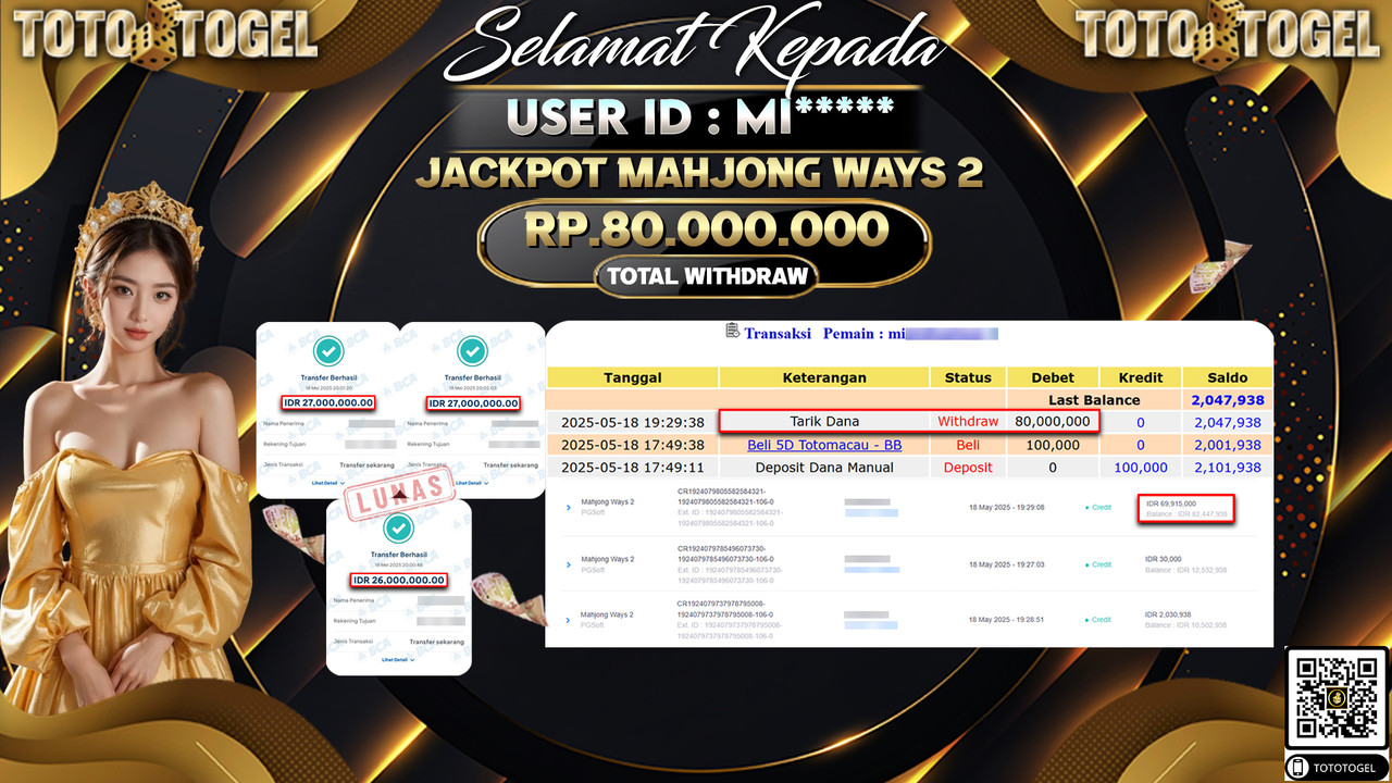 Bukti Pembayaran Jackpot Permainan Slot Mahjong Ways 2 ID:MI***** LUNAS