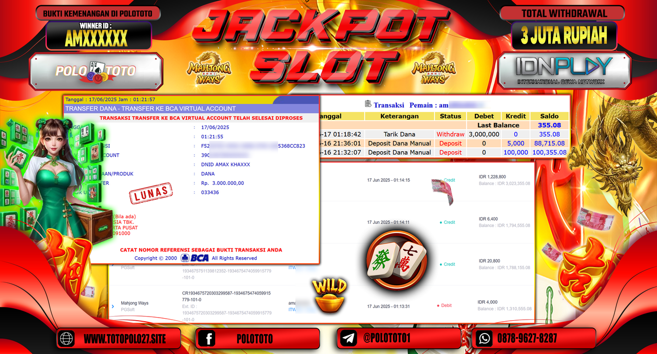 POLOTOTO JACKPOT SLOT MAHJONG WAYS Rp.3.000.000,-