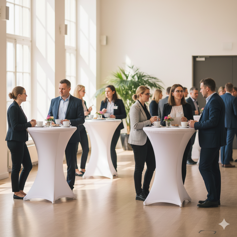 Высокие коктейльные столы со стрейч-чехлами в зоне кофе-брейка