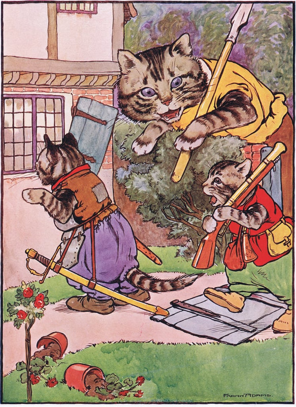 3-Frank-Adams-A-cat-with-her-kittens-creeps-up-to-the-house-illustration-f-Meister-Drucke-232247