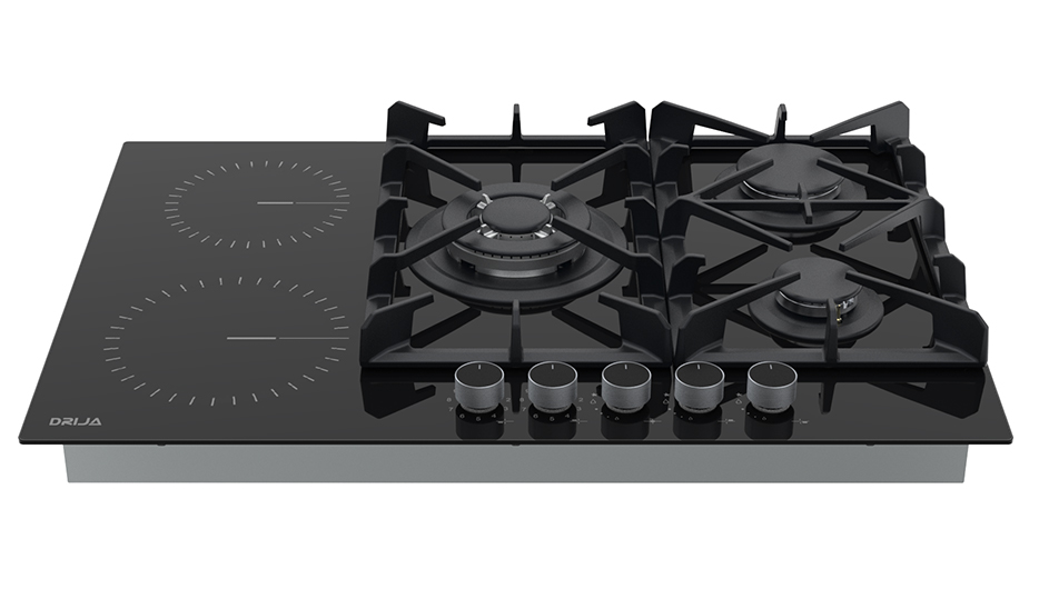 Estufa Modular Híbrida Drija Sicilia 76 con quemadores de gas y zonas radiantes eléctricas.