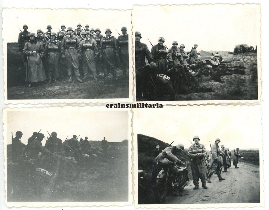 4x Orig. Foto Kradmelder mit Motorrad Mantel in VEJLE Dänemark 1943