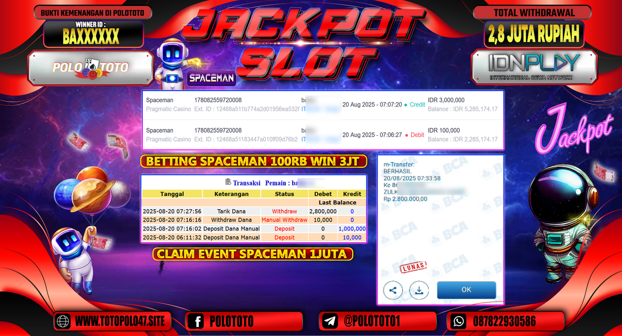 POLOTOTO JACKPOT SLOT SPACEMAN Rp.2.800.000,-