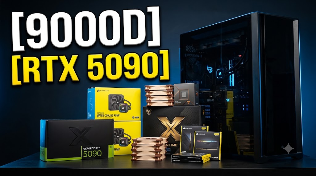 AI-generated example result for the youtube-thumbnail prompt: Tech Review & Unboxing – "GEFORCE RTX 5090 / 9000D" | Tech Review And Unboxing Youtube Thumbnail AI YouTube Thumbnail Prompt