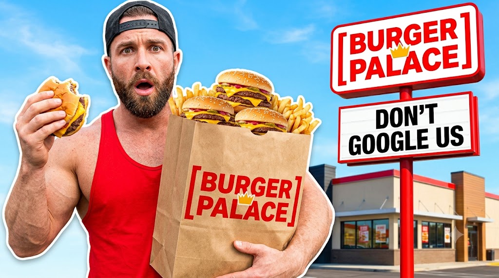 AI-generated example result for the youtube-thumbnail prompt: Food & Street Food – "BURGER PALACE / DON'T GOOGLE US" | Street Food Challenge Youtube Thumbnail AI YouTube Thumbnail Prompt