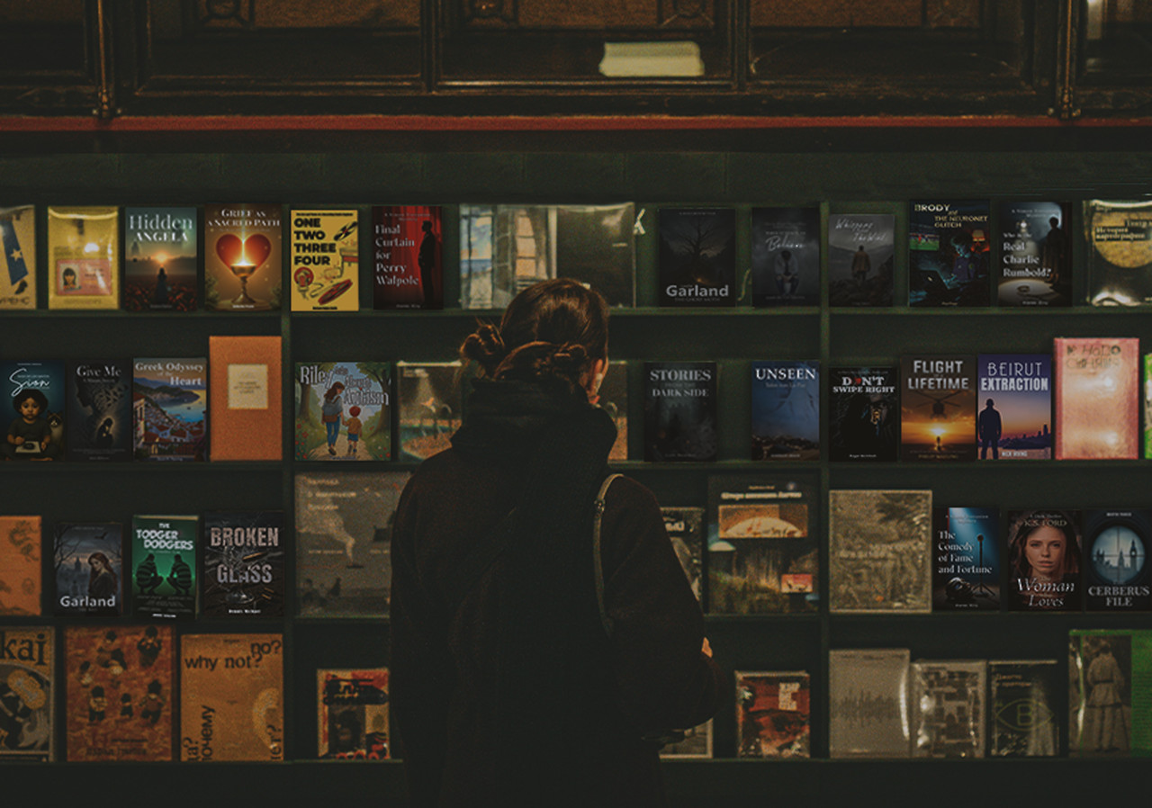 Library shelves and books