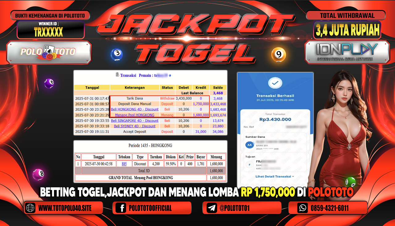 POLOTOTO JACKPOT TOGEL HONGKONG LOTTO Rp.3.400.000,- LUNAS