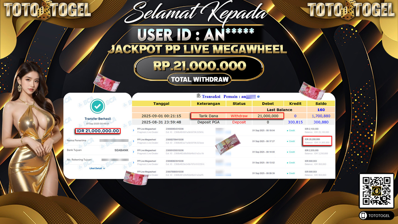 Bukti Pembayaran Jackpot Permainan Pragmatic Live Dealer PP Live Megawheel ID:AN***** LUNAS