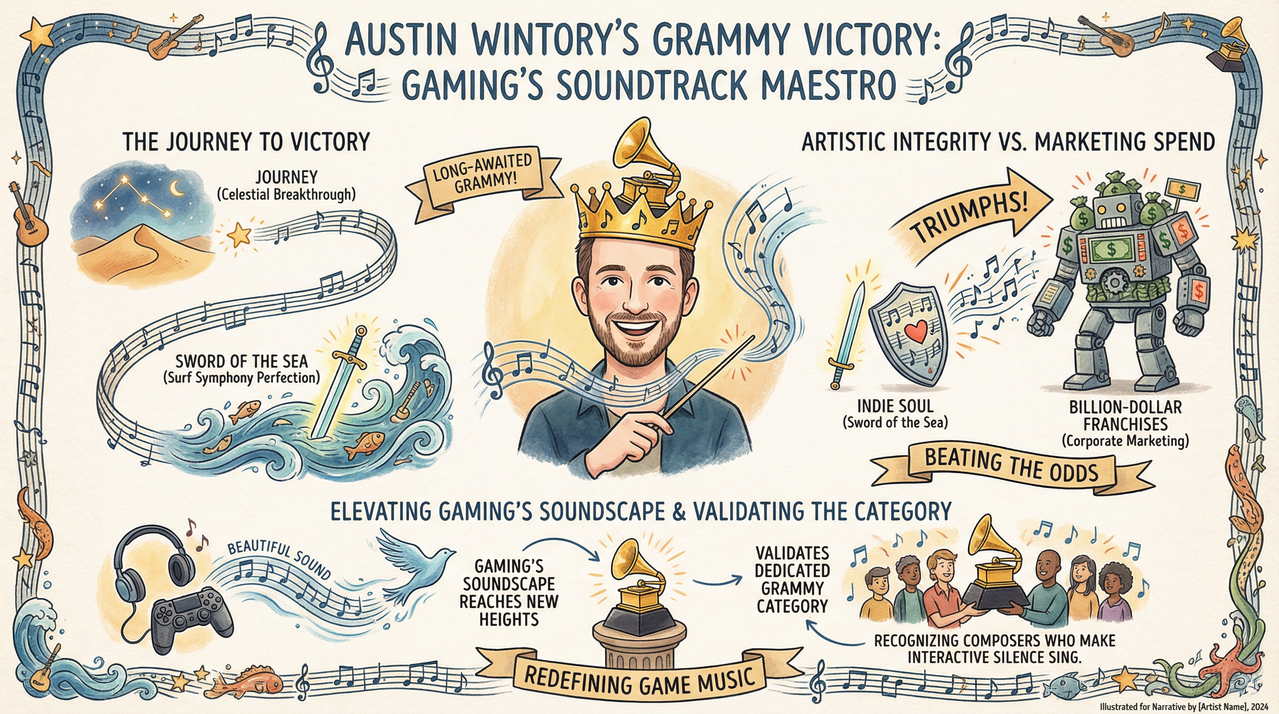 Austin Wintory Finally Wins Grammy for Sword of the Sea - Gaming's Soundtrack King Crowned 1 Elegant concert hall with grand piano and spotlight on stage