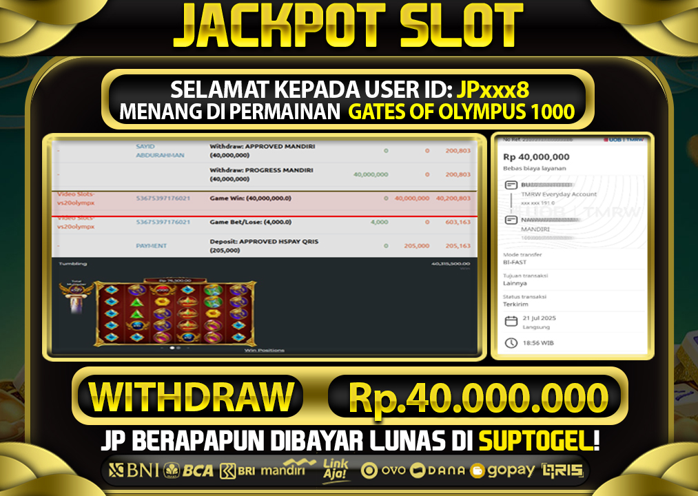  BUKTI KEMENANGAN 21 JULY 2025 MENANG DI PERMAINAN GATES OF OLYMPUS 1000 TOTAL WD 40 JUTA