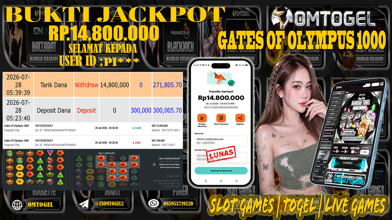 OMTOGEL JACKPOT PRAGMATICPLAY GATES OF OLYMPUS 1000  Rp,14,800,000,- DIBAYAR LUNAS