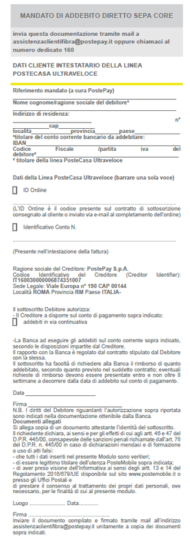 MANDATO D IADDEBITO DIRETTO SEPA CORE POSTECASA ULTRAVELOCE