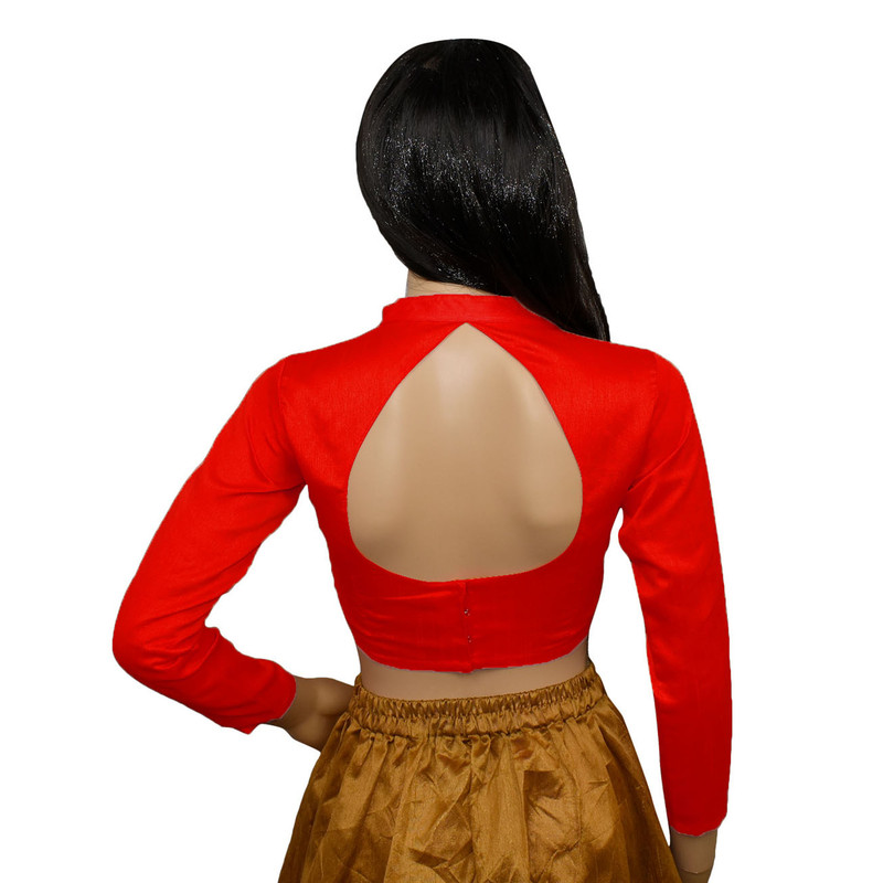 Women's Designer Sari Blouse Dupion Silk Collor Neck Long Sleeve Crop Top Choli - Picture 50 of 82