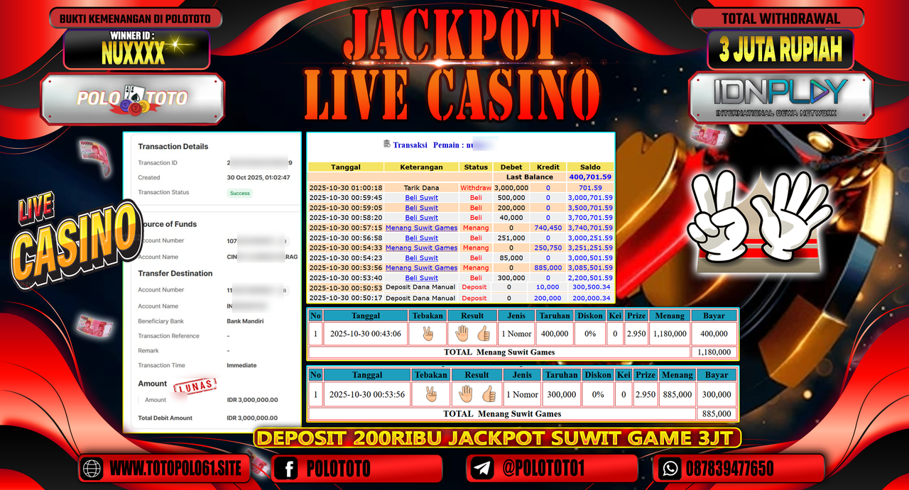 POLOTOTO JACKPOT LIVE CASINO MENANG SUWIT GAMES Rp.3.000.000,- LUNAS