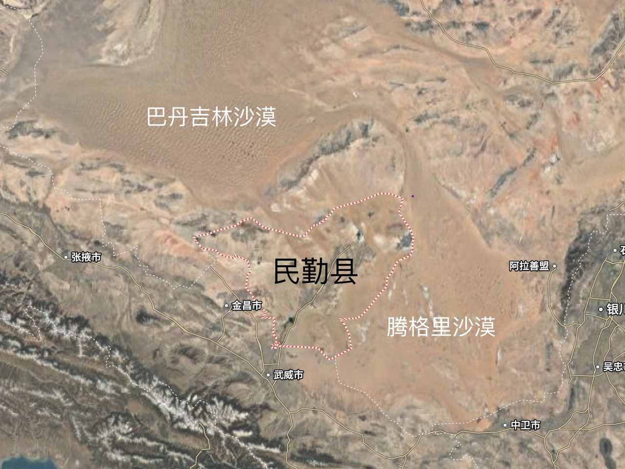 民勤县被腾格里沙漠和巴丹吉林沙漠包围示意图