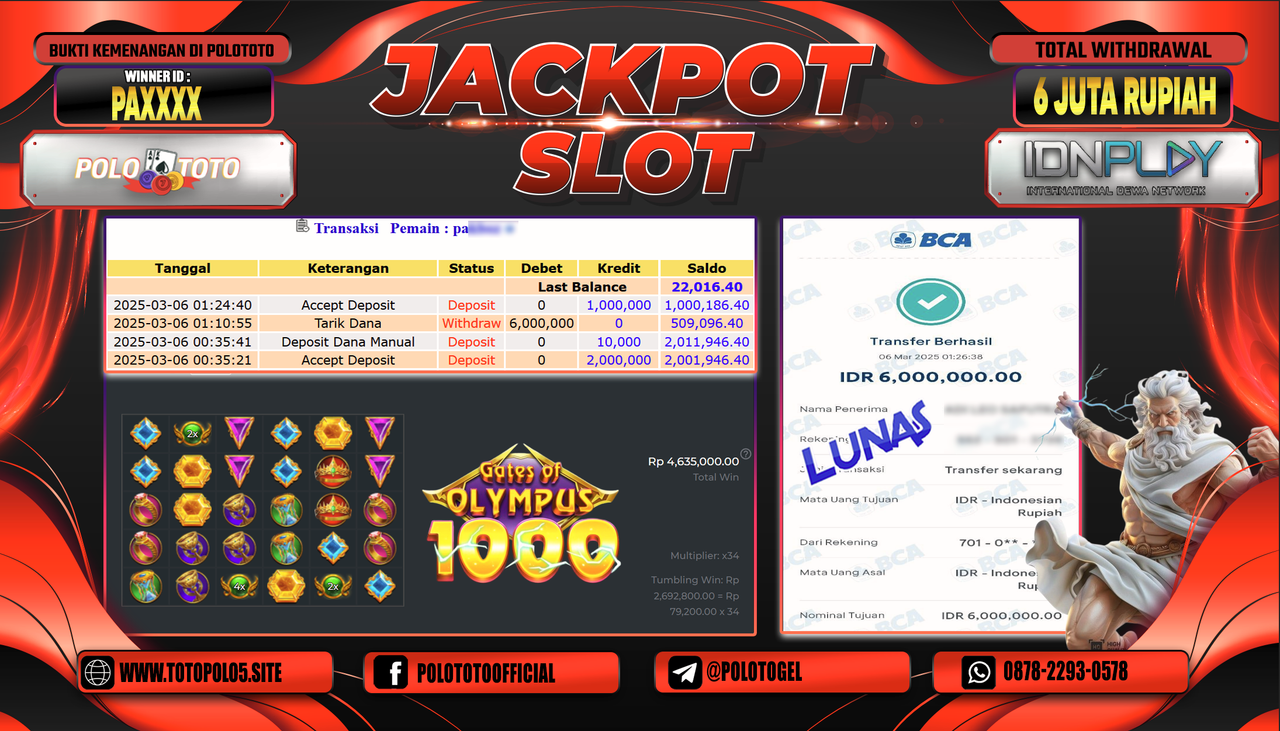 POLOTOTO JACKPOT SLOT GATES OF OLYMPUS 1000 Rp.6.000.000,-
