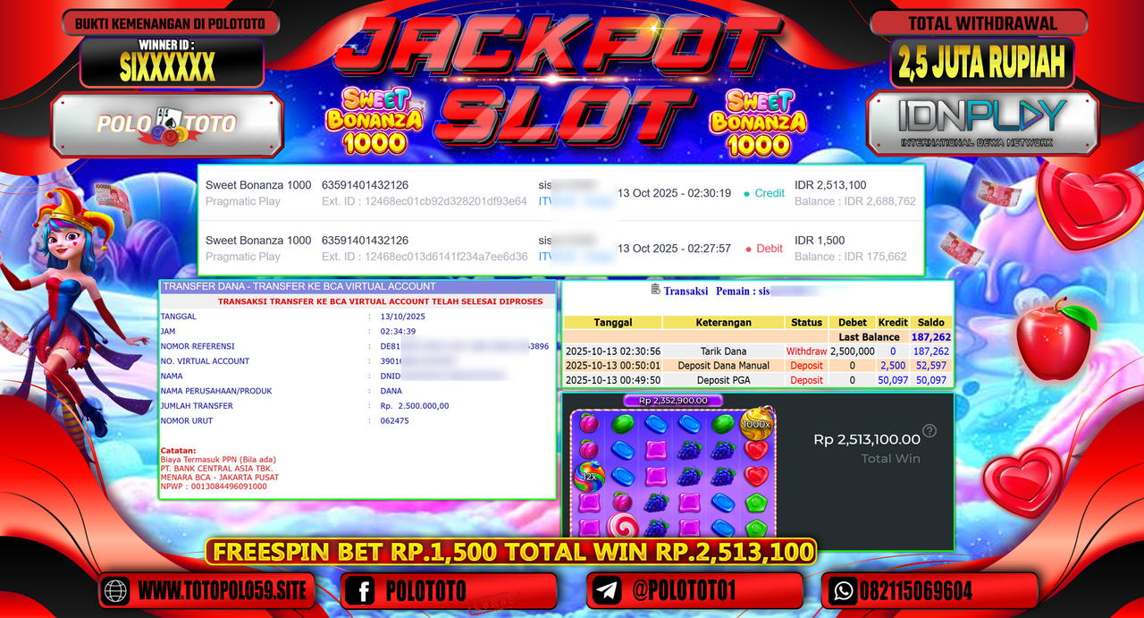 POLOTOTO JACKPOT SLOT SWEET BONANZA 1000 Rp.2.500.000,- LUNAS