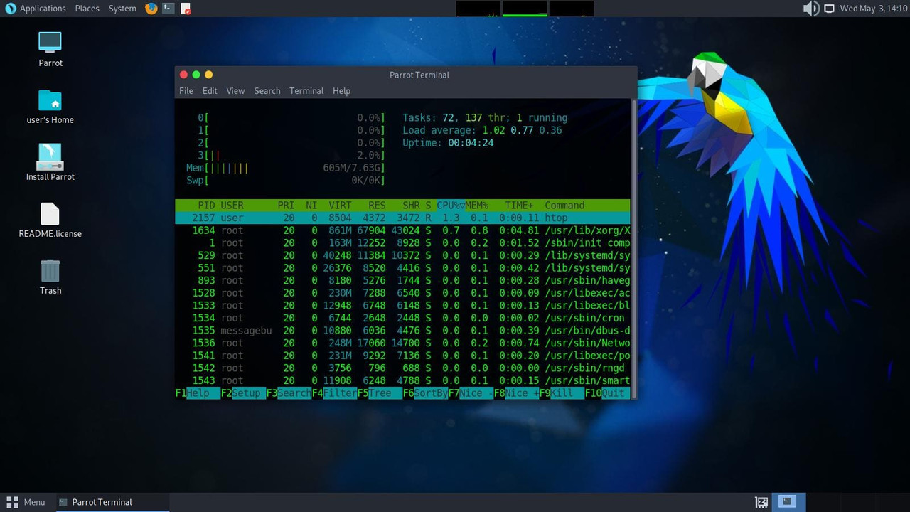 Linux Parrot OS 5.3 Security Edition, htop