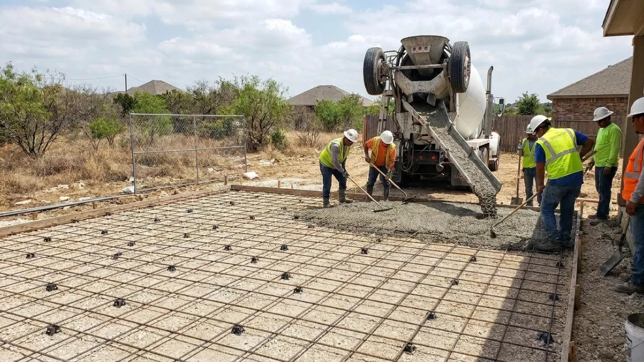 Concrete being poured and spread over wire mesh reinforcement on a San Antonio patio slab with crew using screed board to level the surface