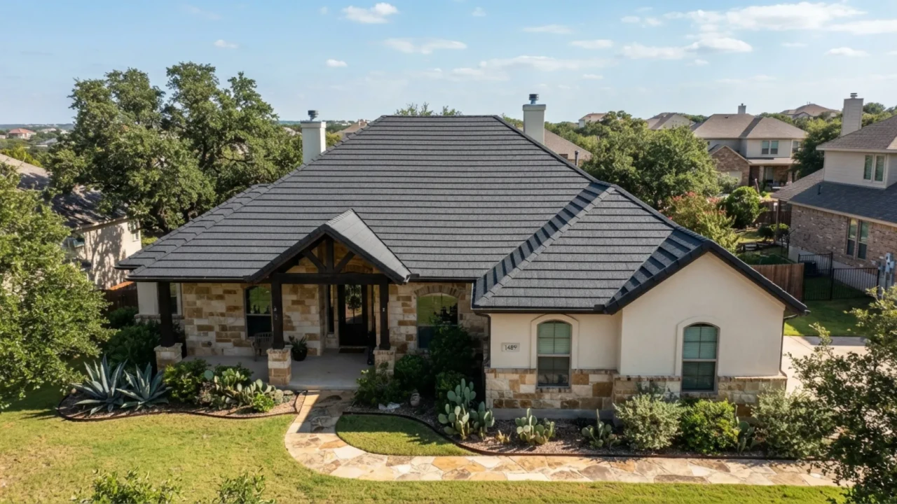 Stone coated steel roof panels resembling shingles on a San Antonio home