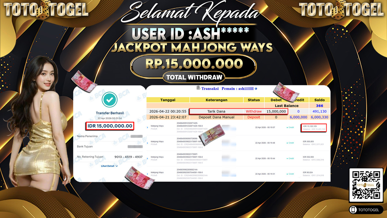 Bukti Pembayaran Jackpot Permainan Slot Mahjong Ways ID:ASH*****LUNAS