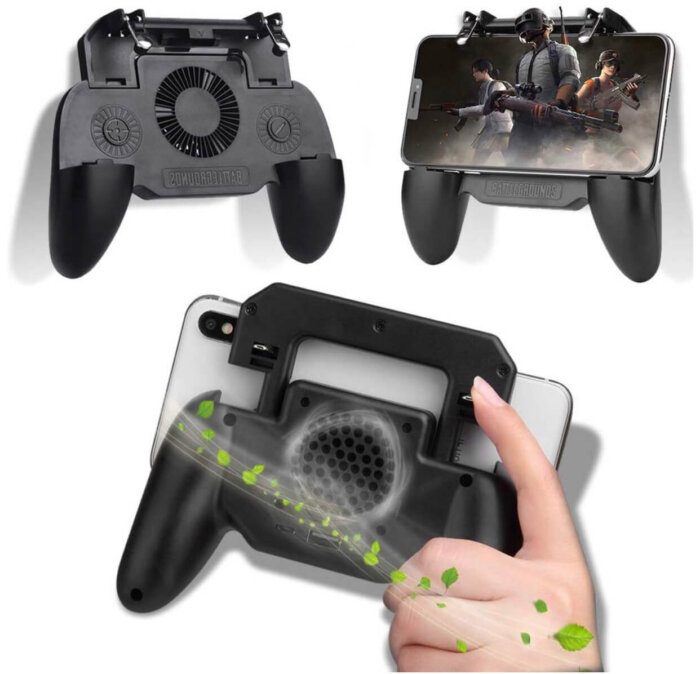 Vista del agarre ergonómico del gamepad y su soporte trasero desplegable.