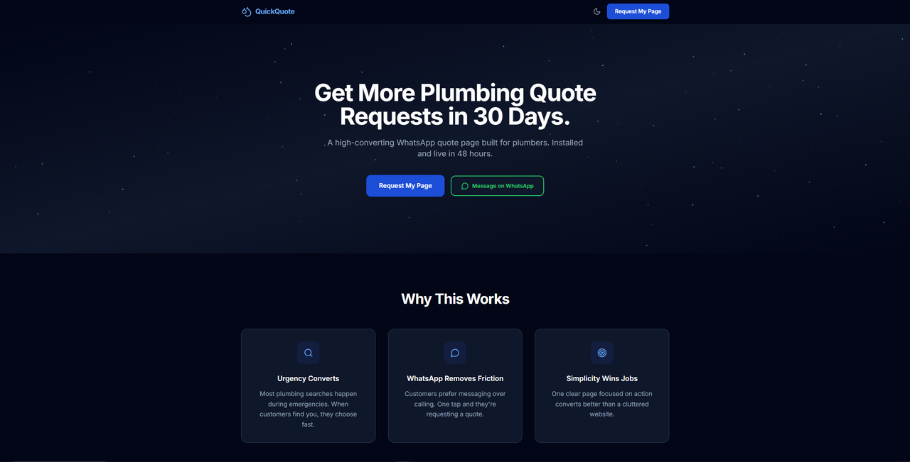 QuickQuote high-converting plumber landing page concept designed by Lumberjack Creative Studio