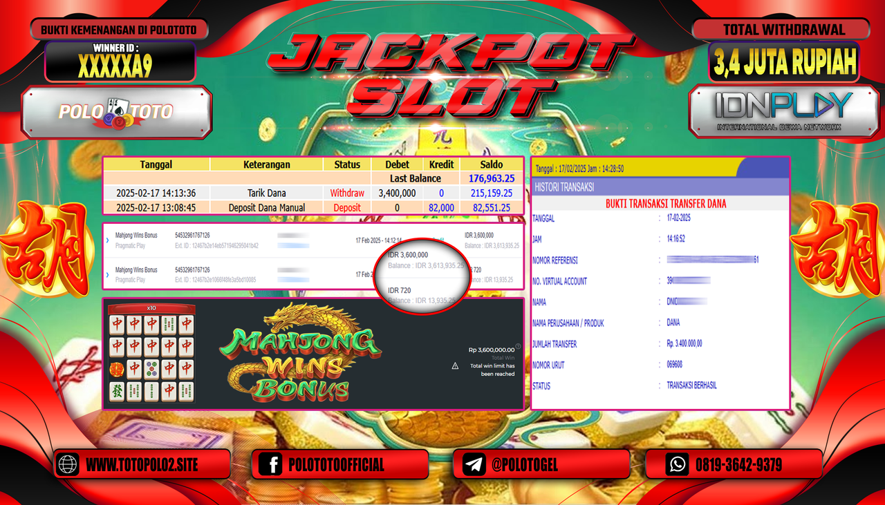 POLOTOTO JACKPOT SLOT MAHJONG WINS BONUS Rp.3.400.000,-