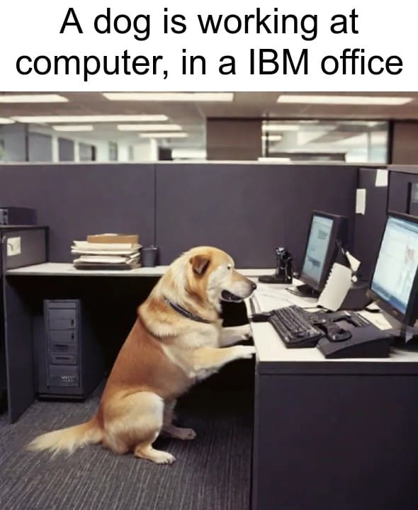 Dezgo - a dog is working at computer in a IBM office