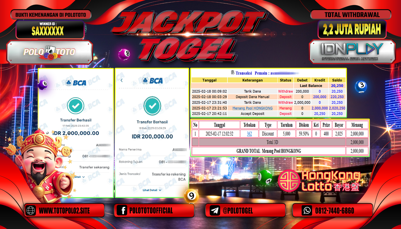 POLOTOTO JACKPOT TOGEL PASARAN HONGKONG Rp.2.200.000,-