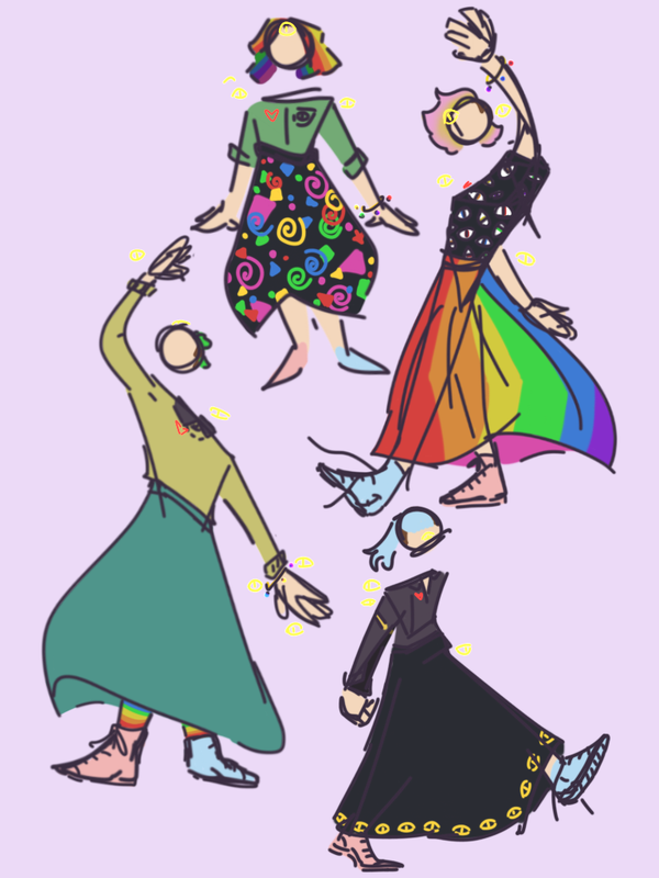 idk sometimes u just wanna draw flowy clothes u know. look at em groove theyre havin so much fun doodles of Peach, each with different hairstyles/outfits, mainly differently patterned skirts. they are faceless in each doodle for simplicity
