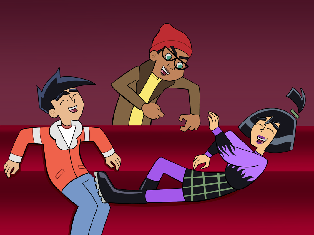 An illustration of Tucker, Sam, and Danny laughing on a couch. Tucker tries to grab at Sam as she falls off the couch.