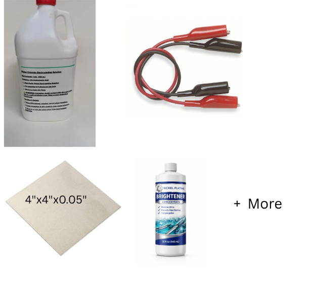 Complete nickel plating system with one gallon solution, prep chemicals, nickel anode, leads, and instructions