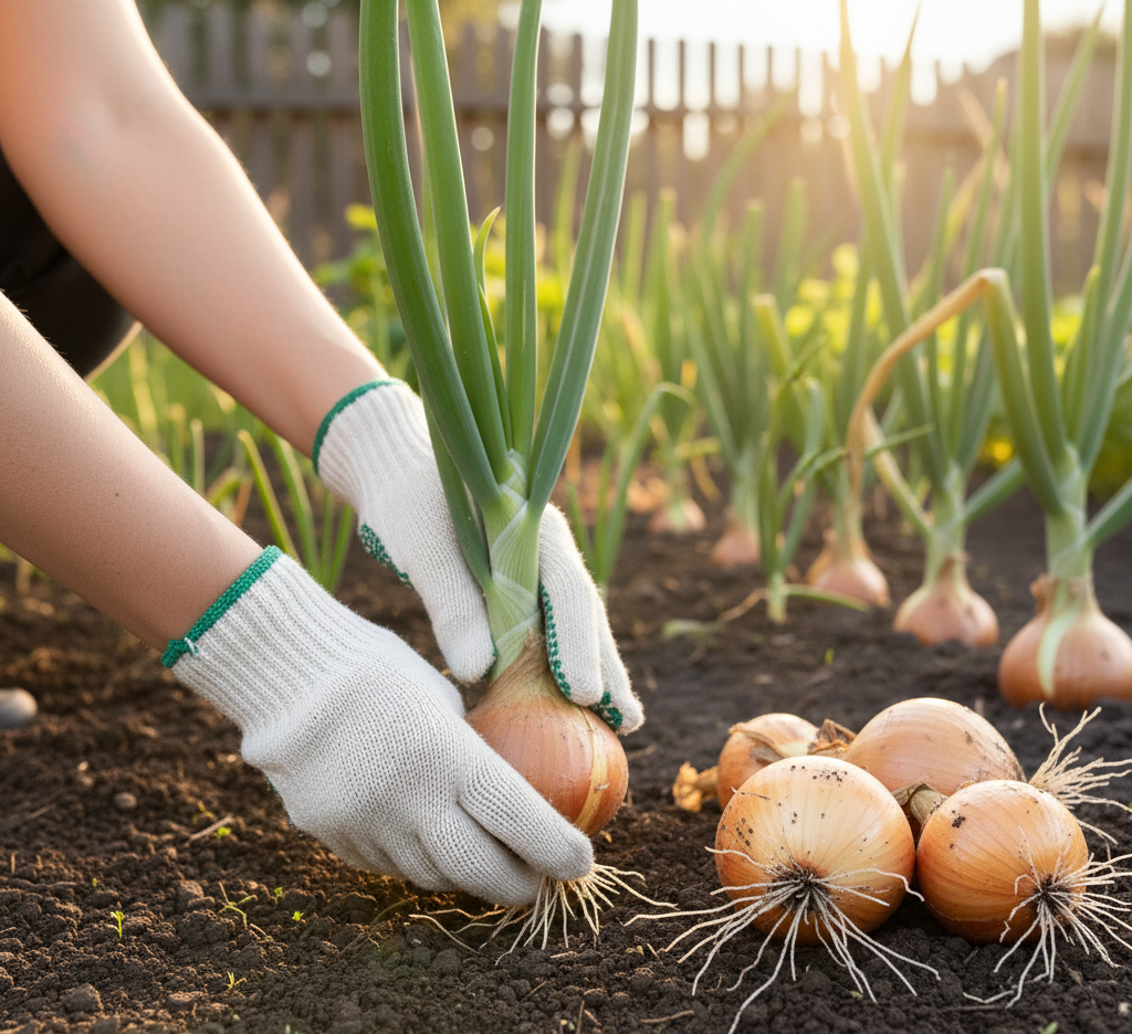 Harvesting onions when tops fall over and curing for storage