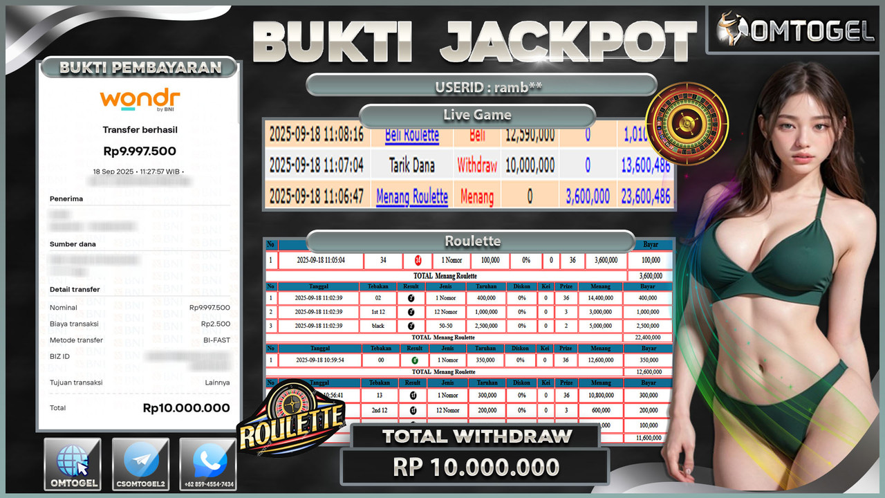 OMTOGEL JACKPOT LIVE GAMES ROULETTE 10 JUTA DI BAYAR LUNAS ,-