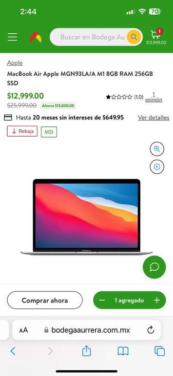 Bodega Aurrera: MacBook Air Apple MGN93LA/A M1 8GB RAM 256GB SSD / PLATA