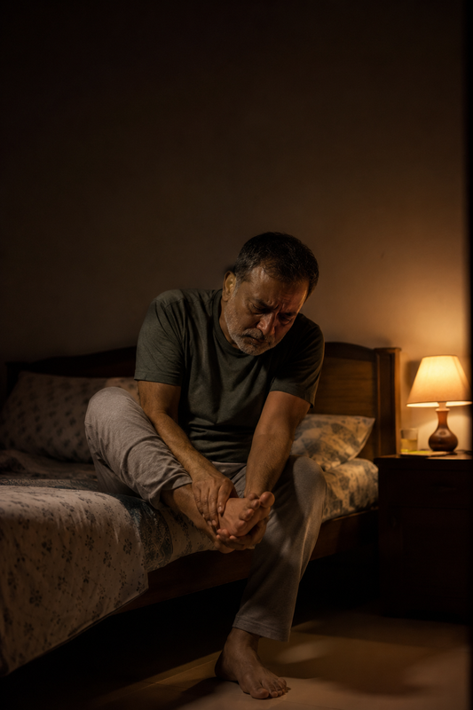 Person sitting on the edge of the bed at night holding their foot