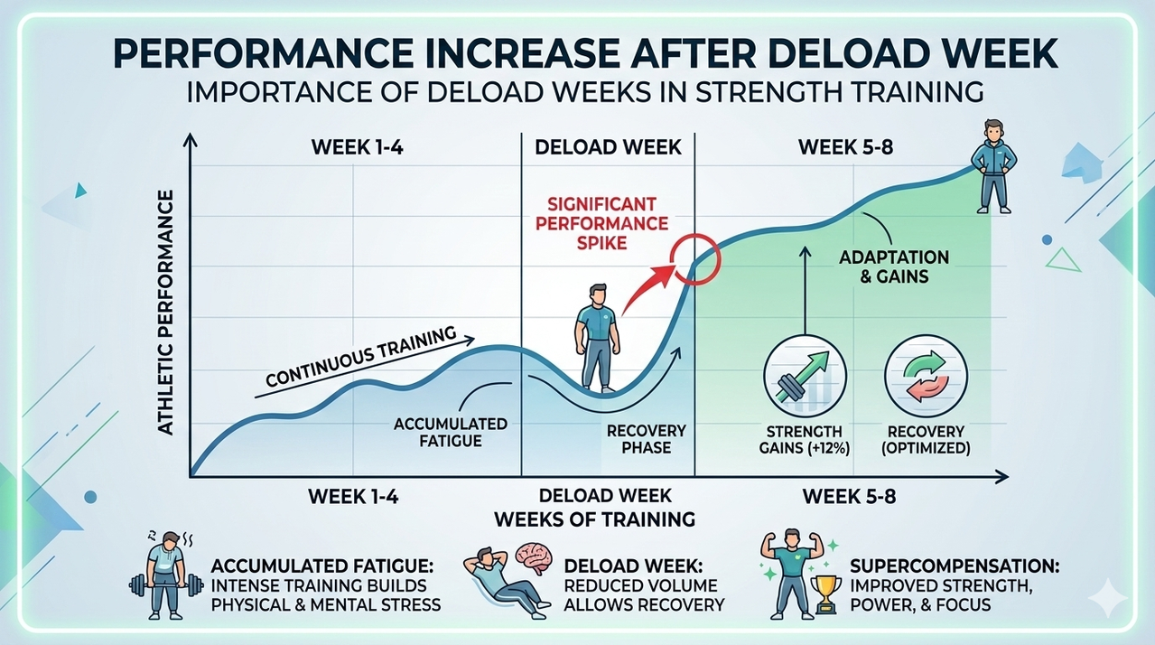 Nutrition infographic for deload weeks showing protein requirements and sample meals for importance of deload weeks in strength training