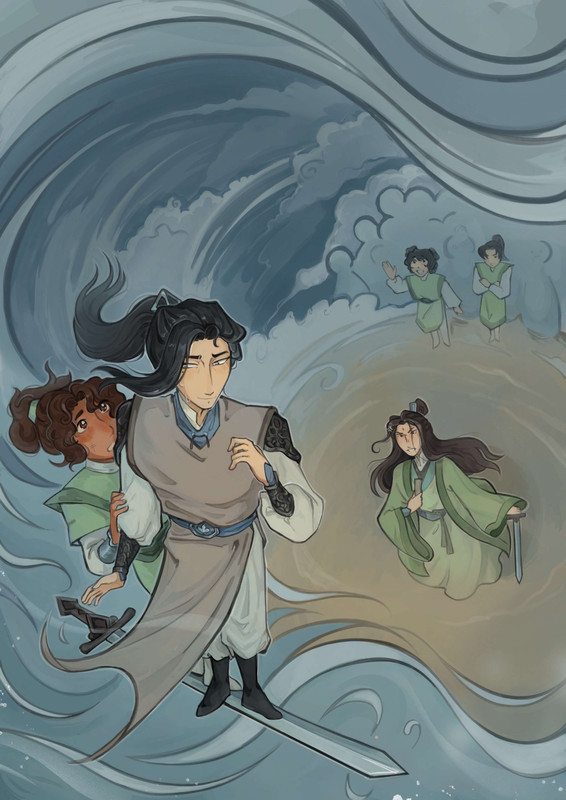 An illustration of the above scene, with Shen Yuan and Luo Binghe sailing into the sky while below Shen Qingqiu stares up furiously after them and other disciples look on in confusion and surprise.