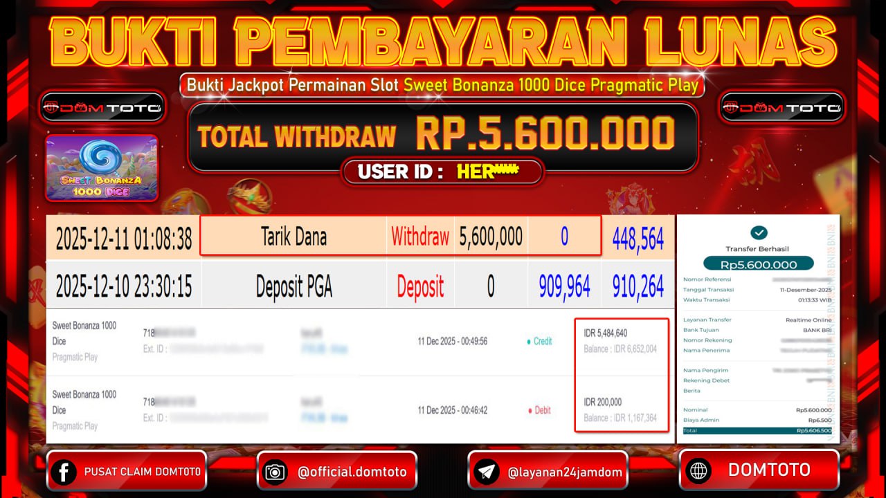 JACKPOT Slot  Permainan Slot Sweet Bonanza 1000 Dice Pragmatic Play 11 DECEMBER 2025