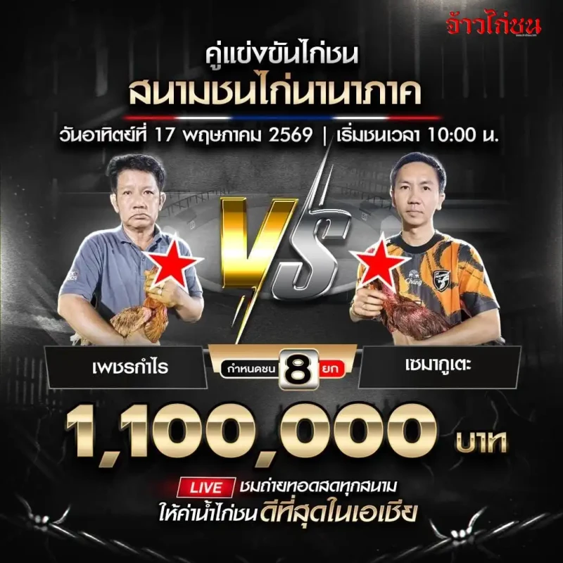เพชรกำไร พบ เซมากูเตะ โปรแกรมไก่ชน สนามชนไก่นานาภาค วันที่ 17 พฤษภาคม 2569