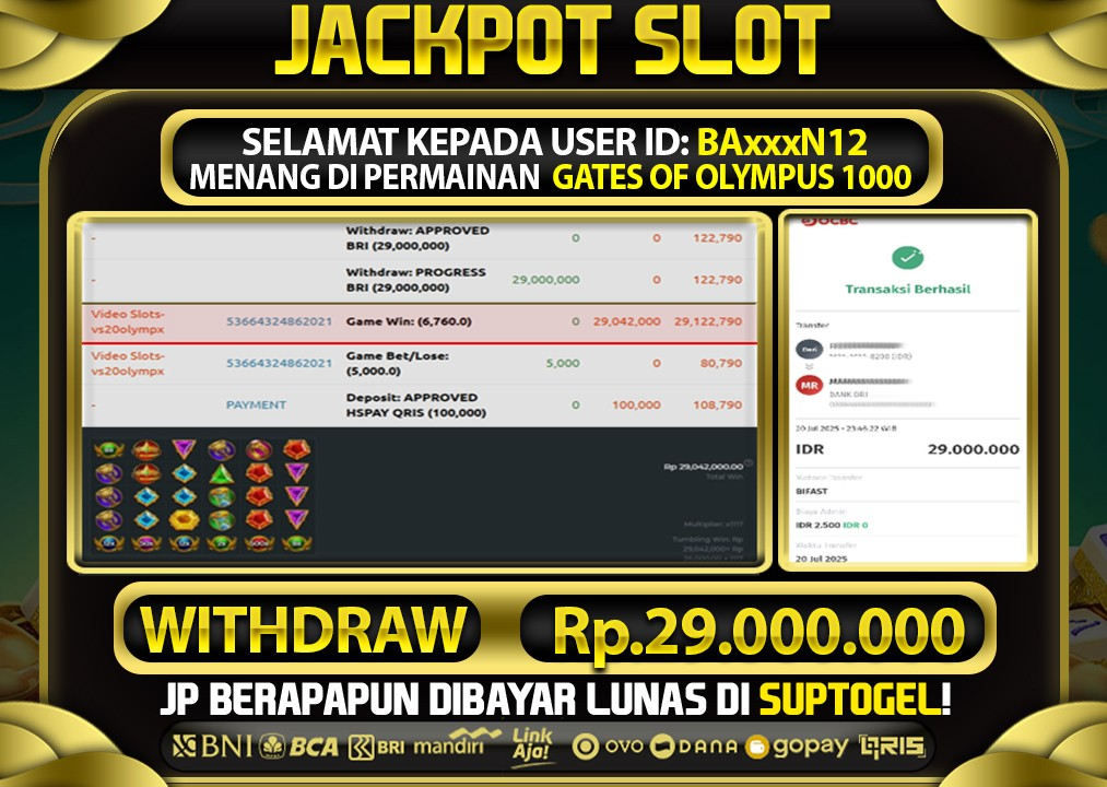  BUKTI KEMENANGAN 20 JULY 2025 MENANG DI PERMAINAN GATES OF OLYMPUS TOTAL WD 29 JUTA