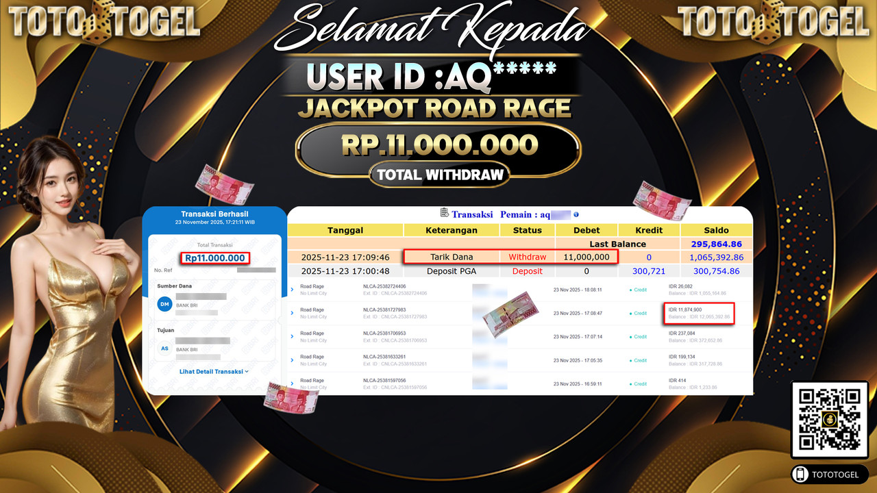 Bukti Pembayaran Jackpot Permainan Slot Road Rage ID:AQ***** LUNAS