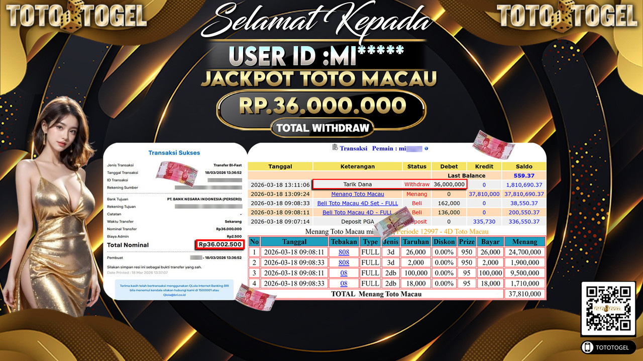 Bukti Pembayaran Jackpot Permainan Togel Toto Macau ID:MI*****LUNAS