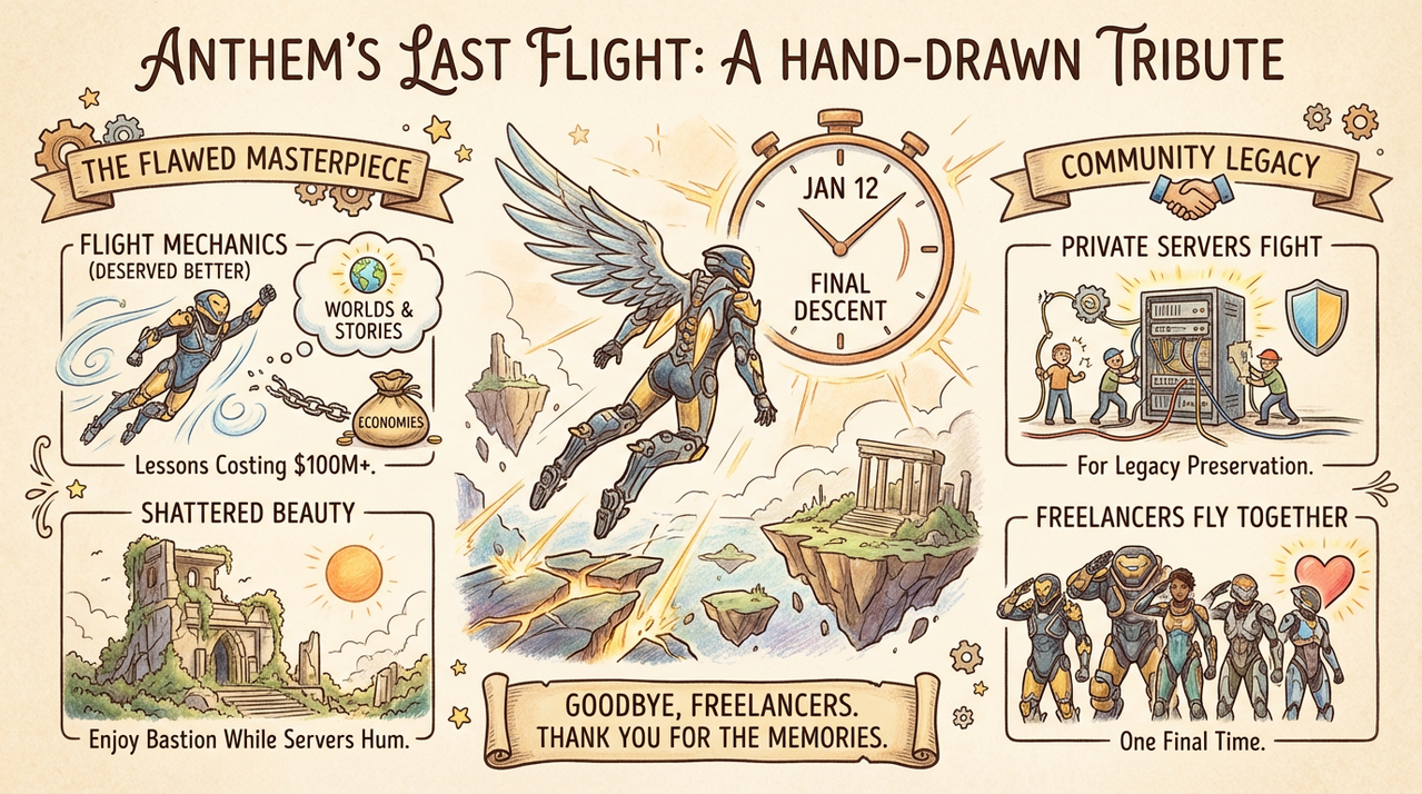 Jetpack gamer soaring through sci-fi battlefield at dusk