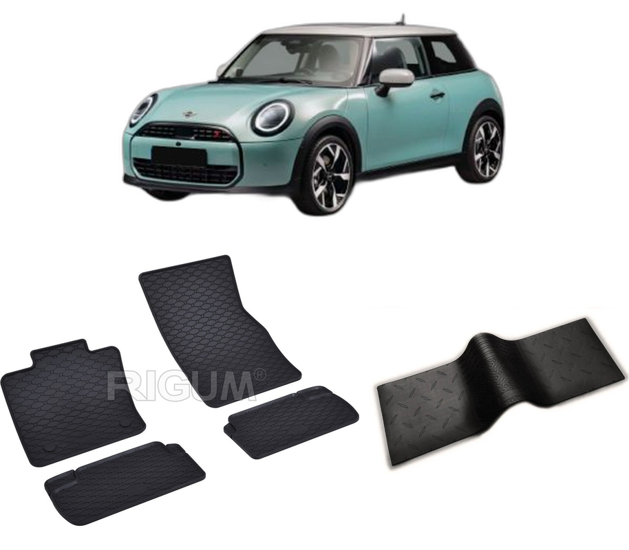 Set covorase auto MINI COOPER IV F66 din 03.2024-PREZENT, cu covoras tunel median, CAROSERIE HATCHBACK, Presuri cauciuc 100%, compatibil cu autoturismul MINI COOPER IV F66, Rigum
