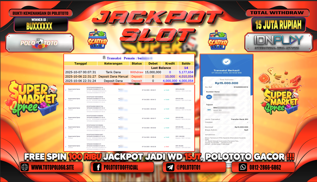 POLOTOTO JACKPOT SLOT SUPERMAKET SPREE Rp.15.000.000,- LUNAS